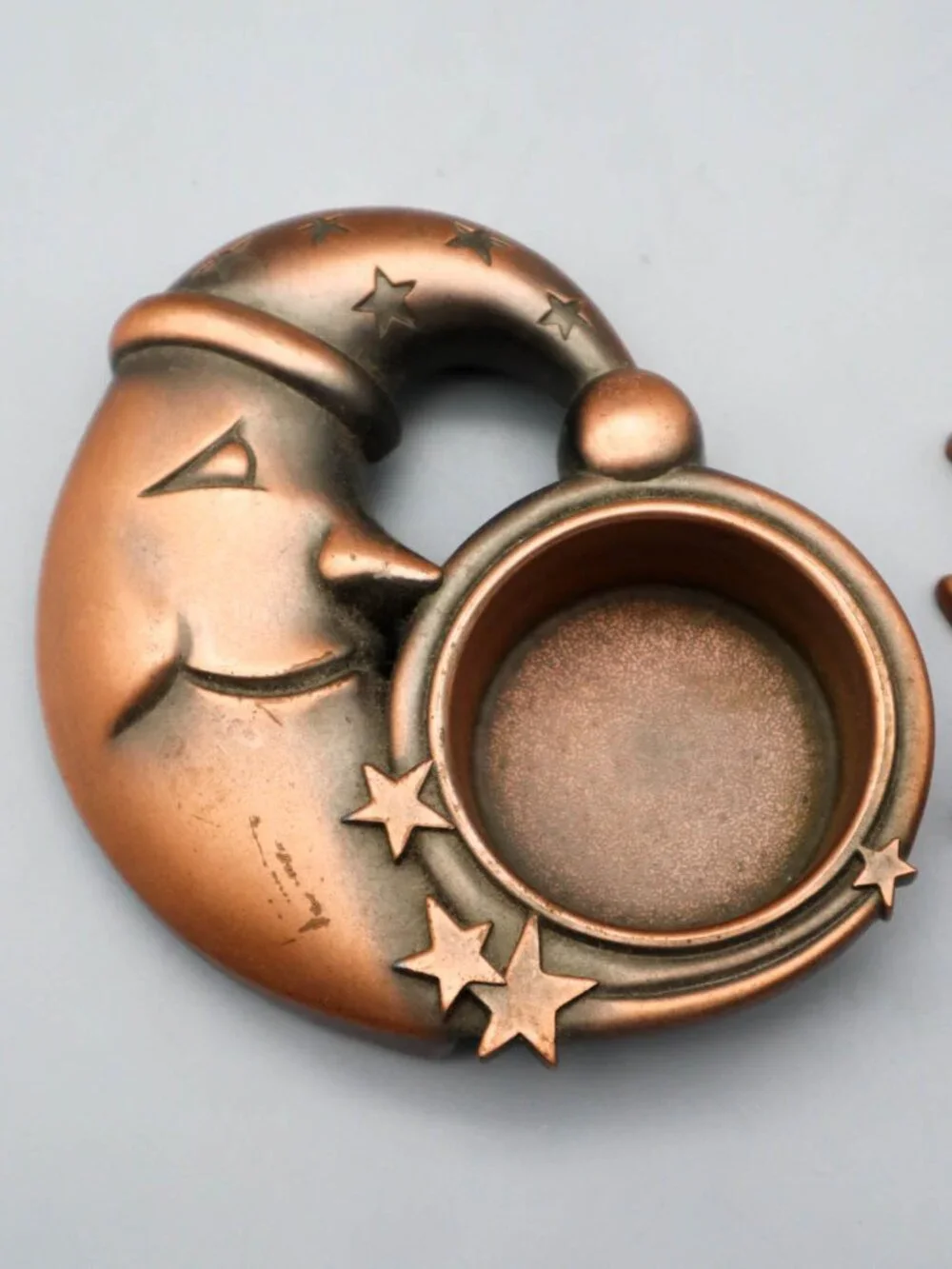 2 Cast Metal Celestial Tea Light Candle Holders Copper Tone Starburst Moon Stars